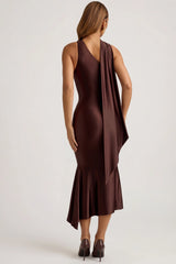 Asymmetric Scarf-Detail Midaxi Dress In Chocolate Brown