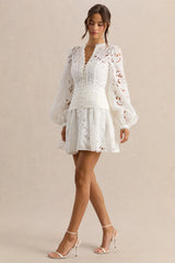 Helena | White V-Neck Mini Dress With Puff-Sleeves And Pleated Skirt