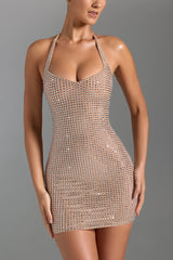 Embellished Halterneck Mini Dress In Honey