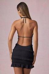 Ruffled Backless Halterneck Mini Dress In Black