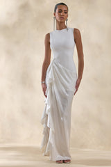 Ada | White Crew-Neck Maxi Dress With Sheer Sequin Skirt And Ruffled Detailing