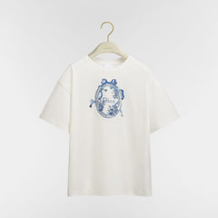 DIOR Dioriviera Oversized T-Shirt White Cotton Jersey with Blue Toile de Jouy Floral Garden Motif #387298