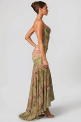 Ruched Asymmetric Corset Gown In Floral Multi Print