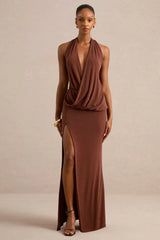 Velia | Brown Extreme Plunge-Neck Semi-Sheer Maxi Dress With Front High Split