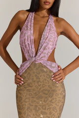 Embellished Cut-Out Maxi Dress In Pink Leopard
