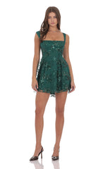 Floral Sequin Fit and Flare Dress in Green