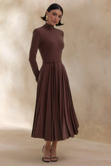 Opalia | Brown High-Neck Belted Midi Dress