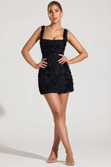 Floral-Appliqué Square-Neck Corset Mini Dress In Black