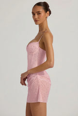 Semi-Sheer Embellished Draped Corset Mini Dress In Pink