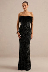 Daze | Black Sequin Bandeau Maxi Dress With Feather-Trim