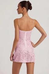 Sheer Embellished Square-Neck Mini Dress In Pink