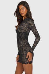 Lace Cut-Out Long-Sleeve Mini Dress In Black