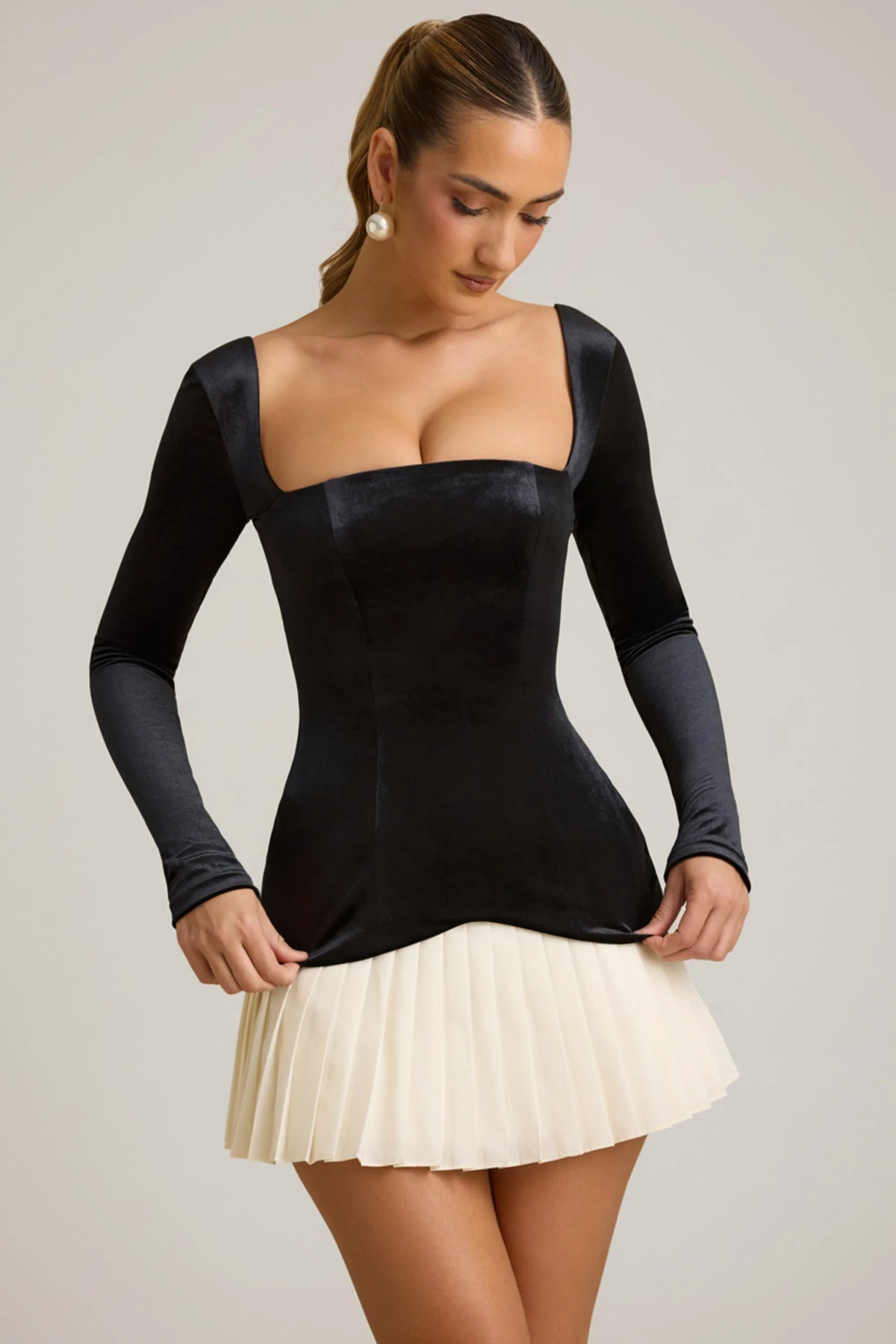 Layered Pleated Corset Mini Dress In Black