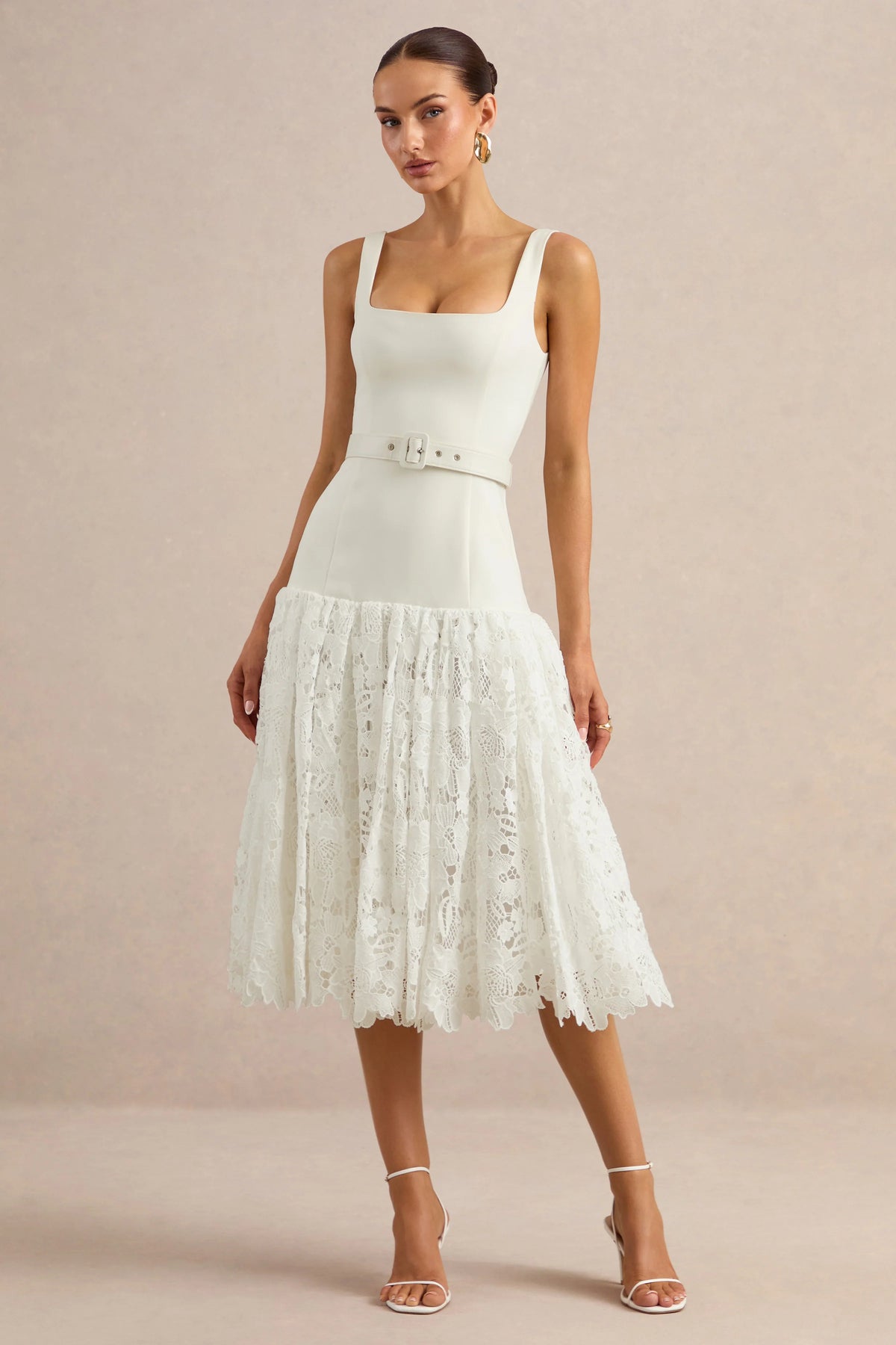 Norrie | White Lace Square-Neck Midi Dress With Voluminous Lace Skirt