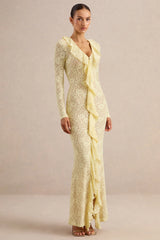 Exelia | Lemon Lace Plunge-Neck Maxi Dress With Long-Sleeves