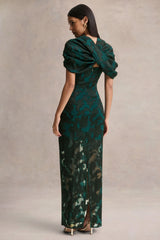 Hada | Dark Green Satin Devore Square-Neck Maxi Dress With Removable Twisted-Cape