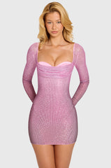 Embellished Long-Sleeve Mini Dress In Pink Ombre