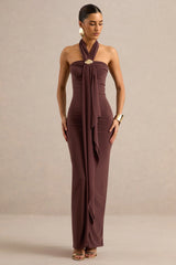 Delaina | Dark Brown Halter-Neck Maxi Dress With Gold Detail And Sash