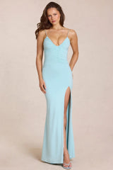 Deep V-Neck Maxi Dress In Light Blue