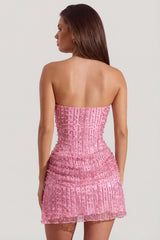 Embellished Draped Strapless A-Line Mini Dress In Pink