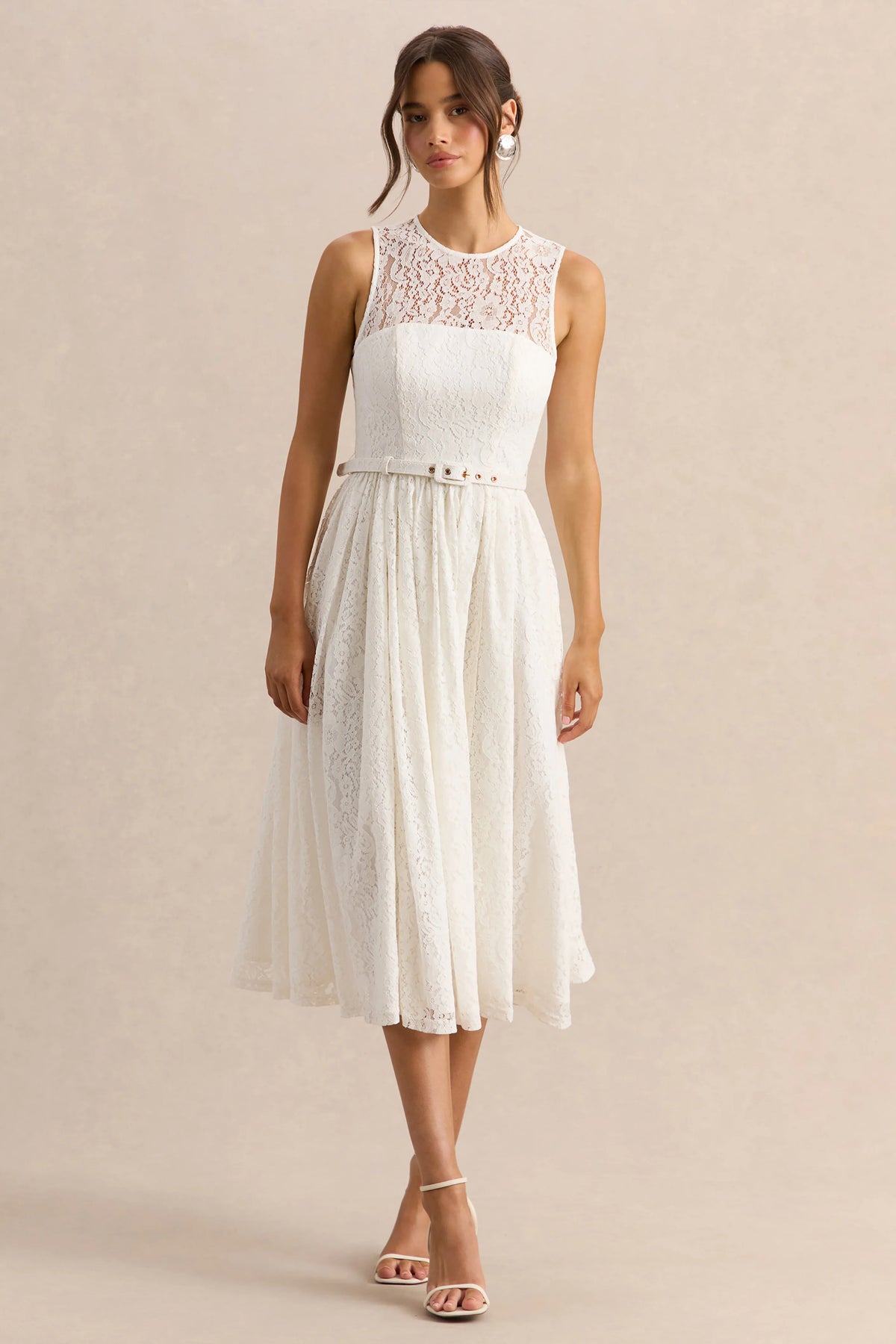 Anabella | White Lace Crew-Neck Belted Midi-Dress