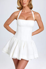 Ruched Halterneck Mini Dress In White