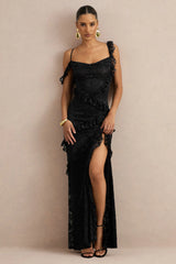 Sera | Black Lace Ruffle Trim Maxi Dress