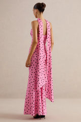 Starling | Pink & Black Polka Dot Matte Satin Plunge-Neck Maxi Dress With Scarf-Detail