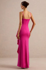 Marcelina | Hot Pink Satin V-Neck Maxi Dress With Ruffled Detailing