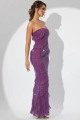 Embellished Bandeau Ruffle Maxi Dress In Plum