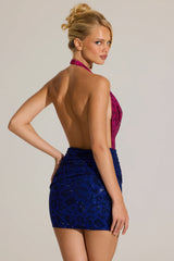 Embellished Plunge Cowl Neck Mini Dress In Cobalt Leopard
