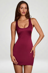 Scoop Neck Lace-Up Back Mini Dress In Wine Red