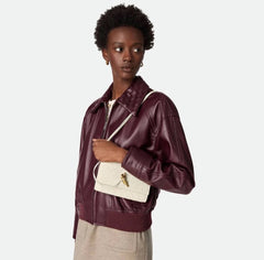 BOTTEGA VENETA Women's Off-Shoulder Woven Collar Zippered Long-sleeved Leather Jacket #332166