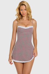 Modal Lace-Trim Mini Dress In Brown Gingham