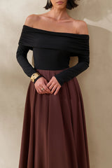 Frederica | Black And Brown Bardot-Neck Midi Dress