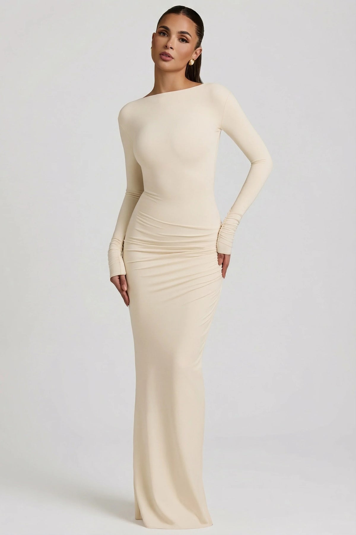 Modal Ruched Backless Maxi Dress In Ivory