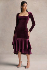 Emberlyn | Burgundy Velvet Scoop-Neck Fishtail Midi Dress
