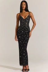 Embellished Plunge Neck Maxi Dress In Black