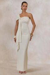 Airi | Cream Asymmetric-Neck Maxi Dress With Gathered Detailing And Sash