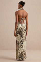 Arlise | Brown Animal Print Halter-Neck Maxi Dress