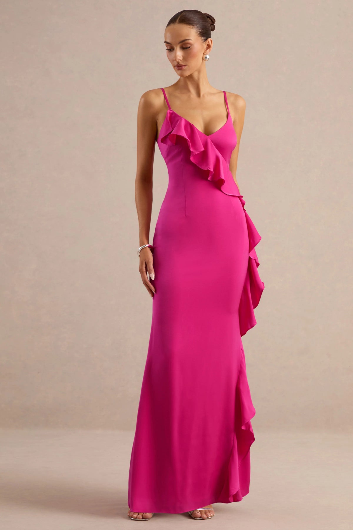 Marcelina | Hot Pink Satin V-Neck Maxi Dress With Ruffled Detailing