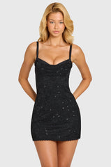 Sequin Lace Tie-Back Mini Dress In Black