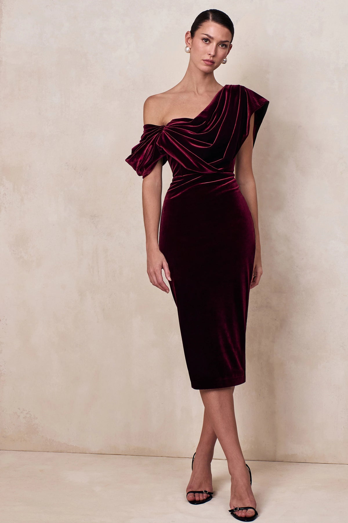 High End | Burgundy Velvet Asymmetric-Neck Midi Dress With Draped Detailing