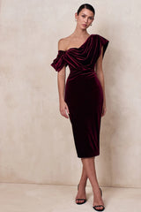 High End | Burgundy Velvet Asymmetric-Neck Midi Dress With Draped Detailing