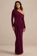 Avonlea | Burgundy Asymmetric-Neck Maxi Dress With Gathered Detailing