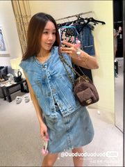 Chanel Women's Summer Cotton Bow-Tie Solid-Color Mid-Rise Denim Skirt Ngvp #2589