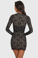 Lace Cut-Out Long-Sleeve Mini Dress In Black