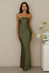 The Felicity Strapless Satin Maxi Dress Olive