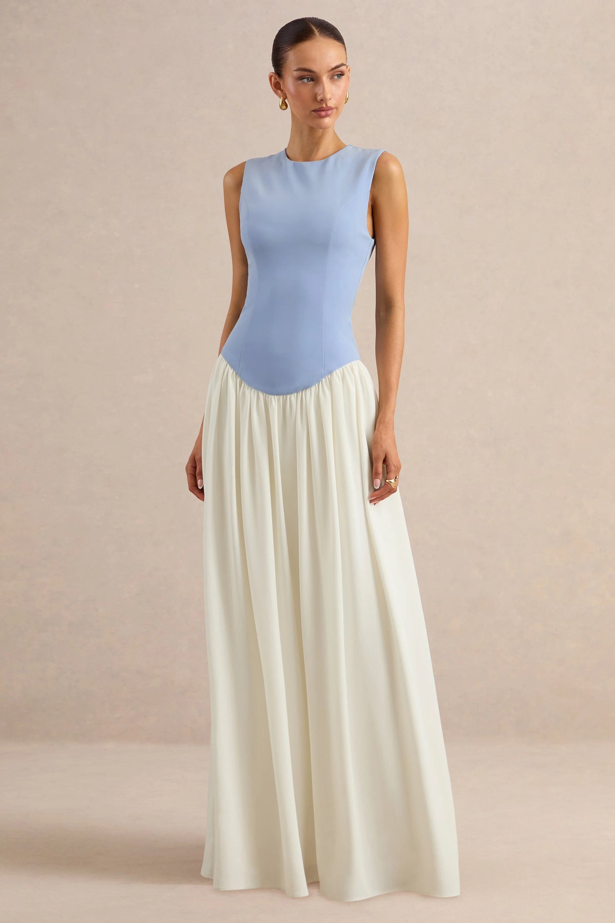 Iliana | Powder Blue And White Crew-Neck Maxi Dress With Drop-Waist And Pleated Skirt