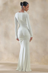 Liatris | White Wide-Neck Maxi-Dress With Gathered-Detailing